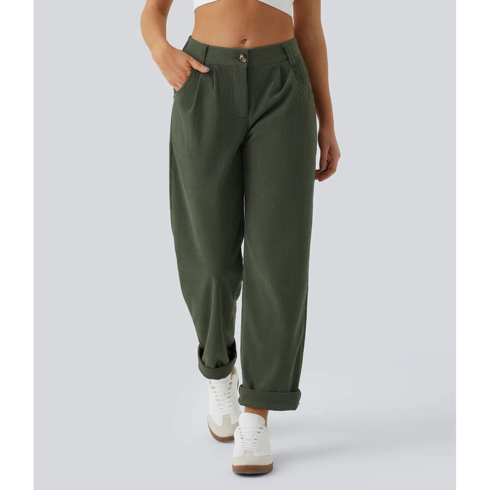 Halara Womens Small Corduroy Casual Pants Green Mid Rise Zipper Pocket Jogger